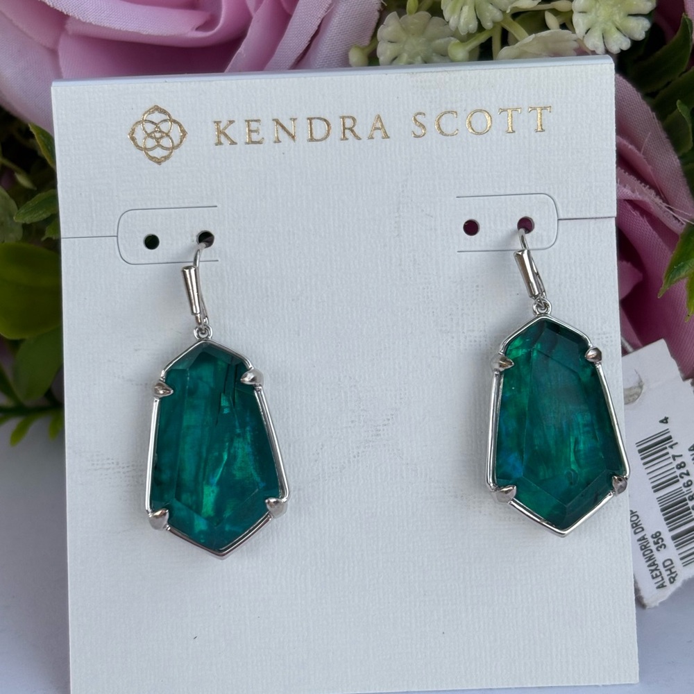 NWT Kendra Scott set Alexandria earrings + Multi Strand Necklace in Silver Teal - Picture 3 of 7